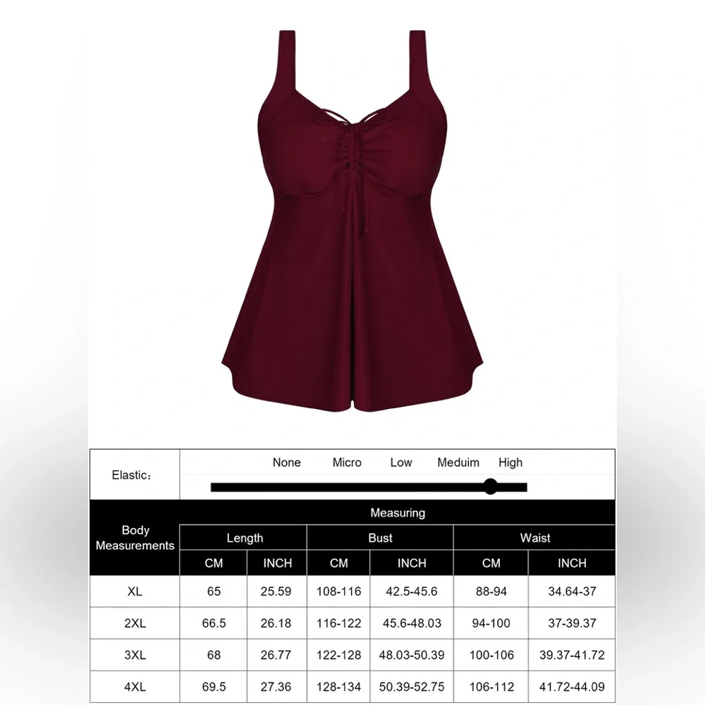 Plus Size Burgundy Tankini Top Swim Bikini - Elegant Ruched Front